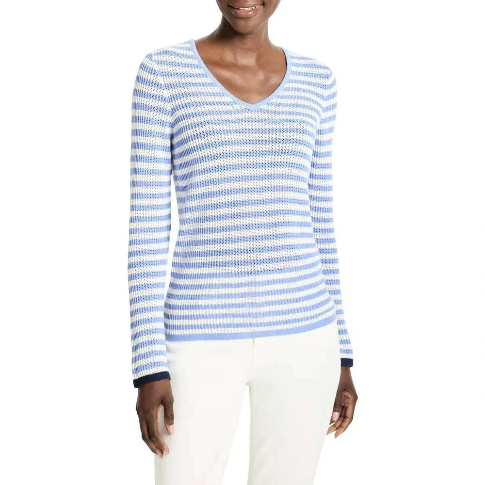 Nic+Zoe Blue Multi Striped Open Knit Scoop Neck Sweater NEW With Tags